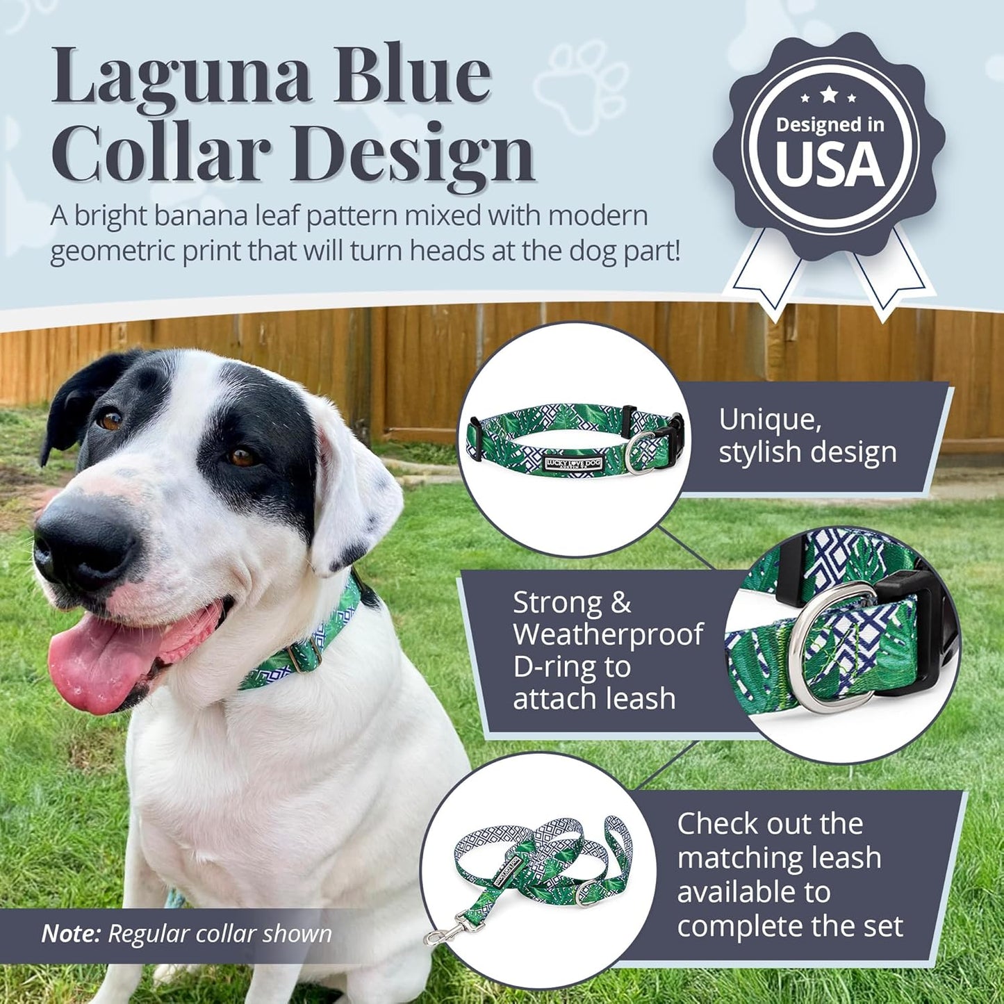 Lucky Love Dog Collar, Beautiful & Vivid Pattern Large Boy Dog Collars, Easy On & Off Clasp Accessory (Blue Laguna, L)