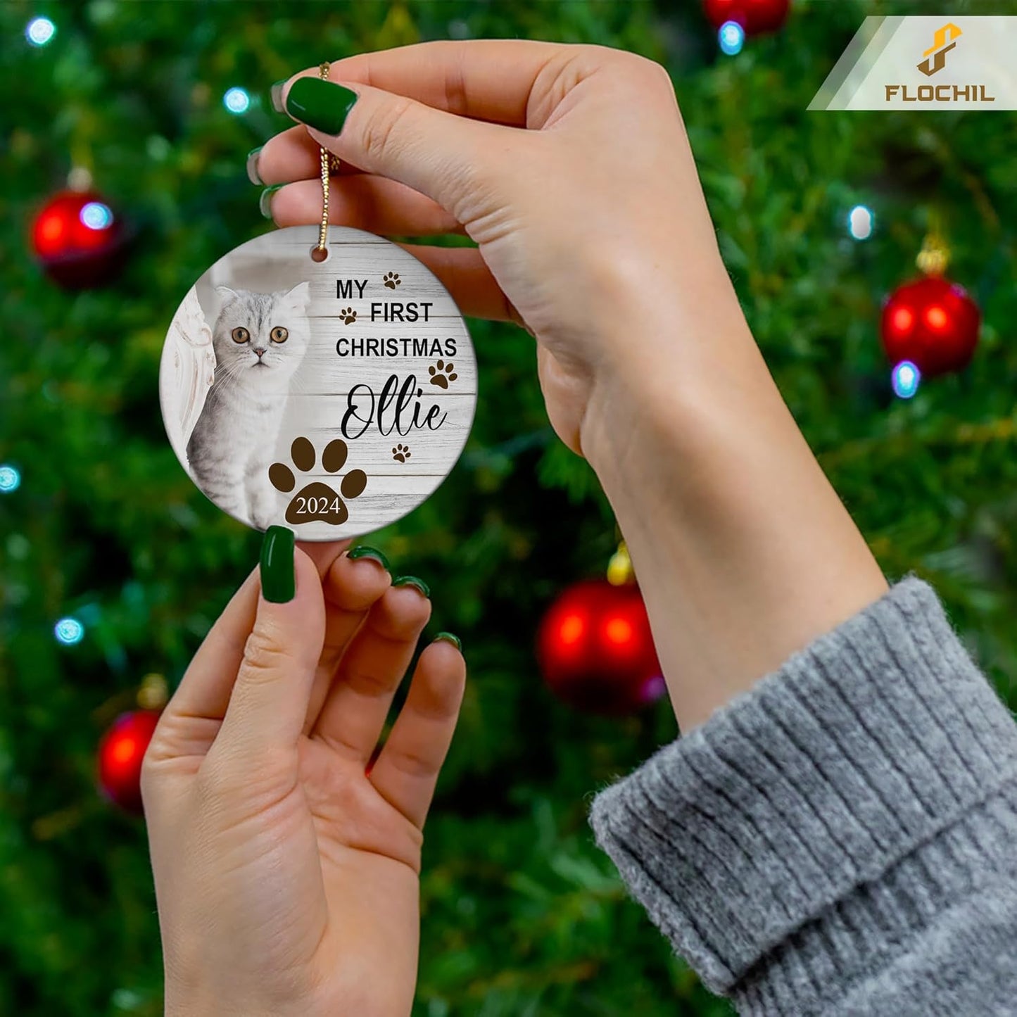 FLOCHIL Personalized Cat Christmas Ornaments Custom Photo Name for Christmas Trees, Cat First Christmas Ornaments, Gifts for Pet Lovers