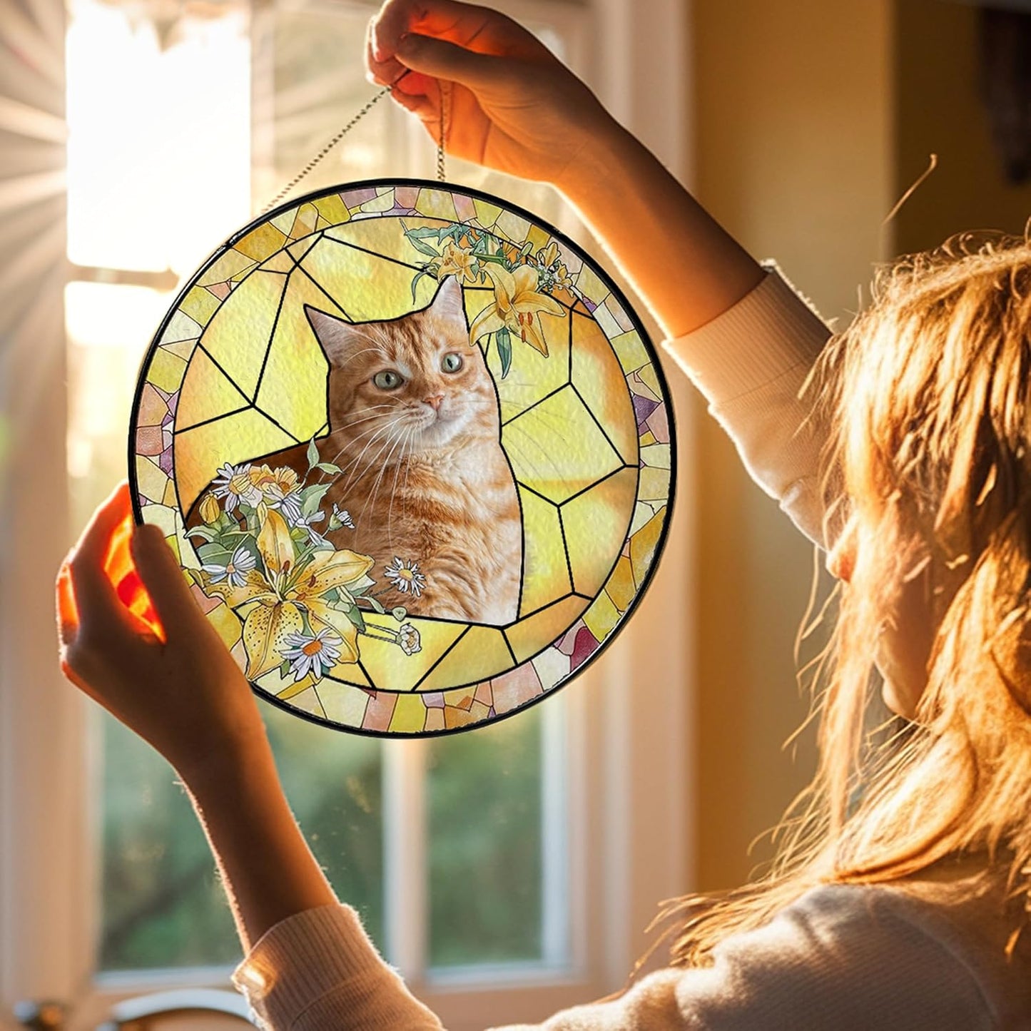 NAZENTI Personalized Cat Memorial Suncatcher, Sympathy Gift for Loss of Pet, Cat Remembrance Gift, Stained Glass Suncatcher, Custom Portrait Photo and Name, Pet Memorial Ornament Window Hanging 1