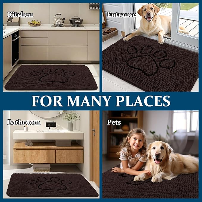 OLANLY Door Mat for Muddy Dog Paws 36x24, Absorbent Chenille Mud Doormat with Paw Print Design, Non-Slip Washable Doormat for Indoor Entryway, Quick-Dry Pet Bed Mats for Dirty Dogs, Brown and Black