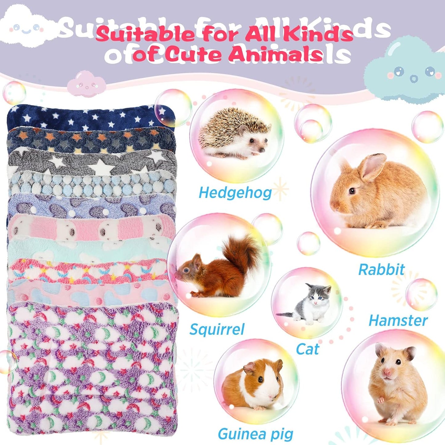 Tudomro 10 Pcs Guinea Pig Bed Mat with Cleaning Dustpan Brush 15" x 11" Animal Bedding Fleece Bunny Sleeping Pad for Small Dogs Cats Rats Hedgehogs Ferrets Hamster Indoor (Heart Star)