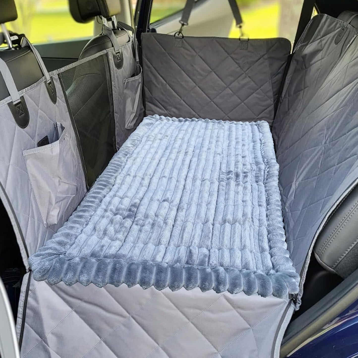 Backseat Dog Bed Mat for Car Seat Cover, Non-Slip Pet Bed Mat for Back Seat Extender, Furry Dog Couch Covers, Washable Travel Dogs Bed for Cars, SUVs, Sedans. (55" x 21.3") (Light Grey, M)