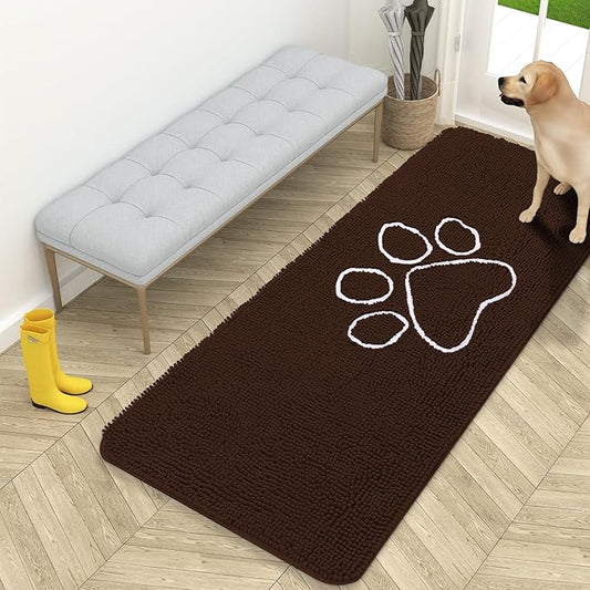 OLANLY Door Mat for Muddy Dog Paws 59x24, Ultra Absorbent Chenille Mud Doormat with Paw Print Design, Non-Slip Washable Doormat for Indoor Entryway, Quick-Dry Pet Bed Mats for Dirty Dogs, Brown