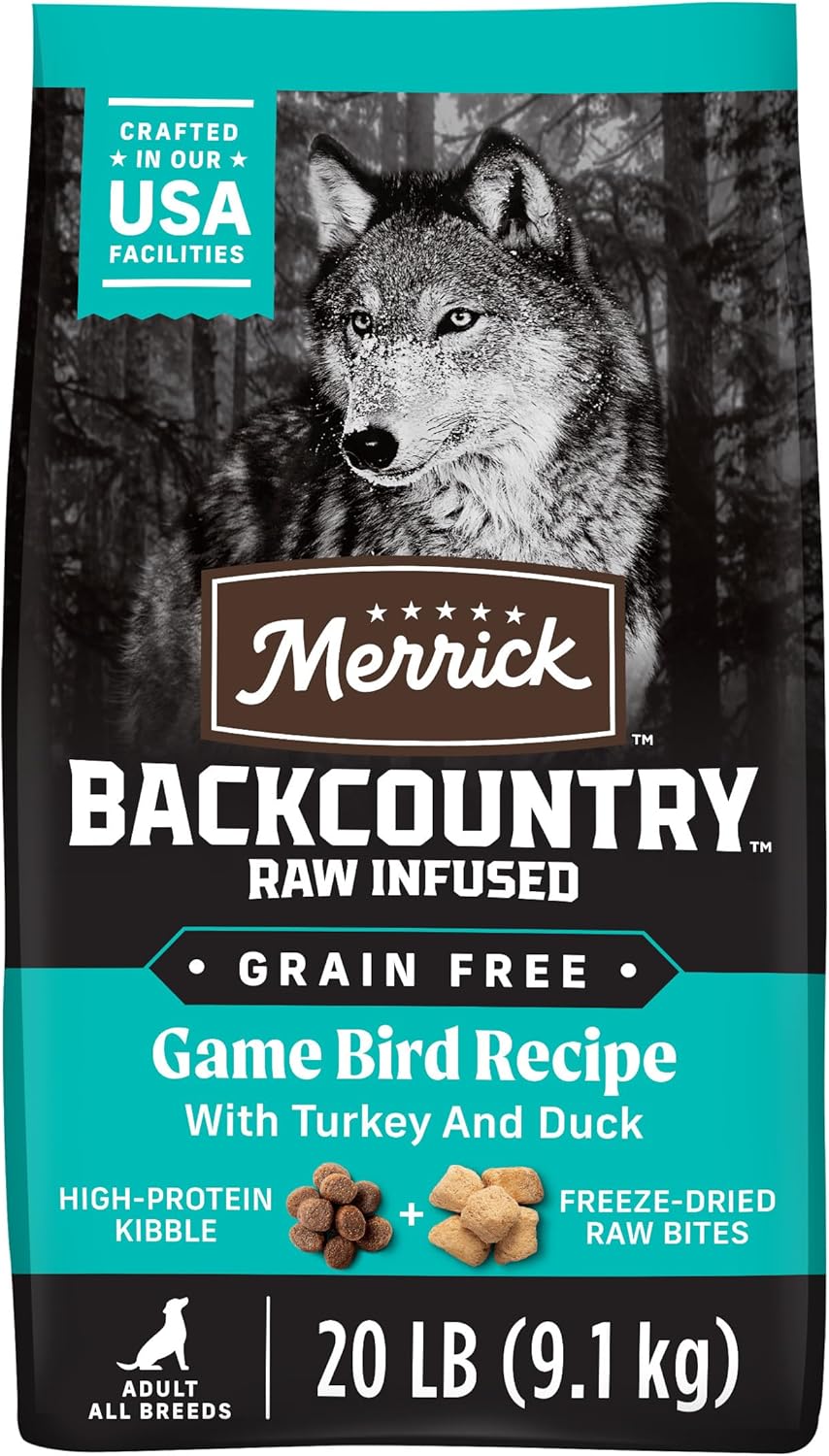 Merrick Backcountry Grain Free Dry Adult Dog Food, Kibble With Freeze Dried Raw Pieces, Game Bird Recipe - 20.0 lb. Bag