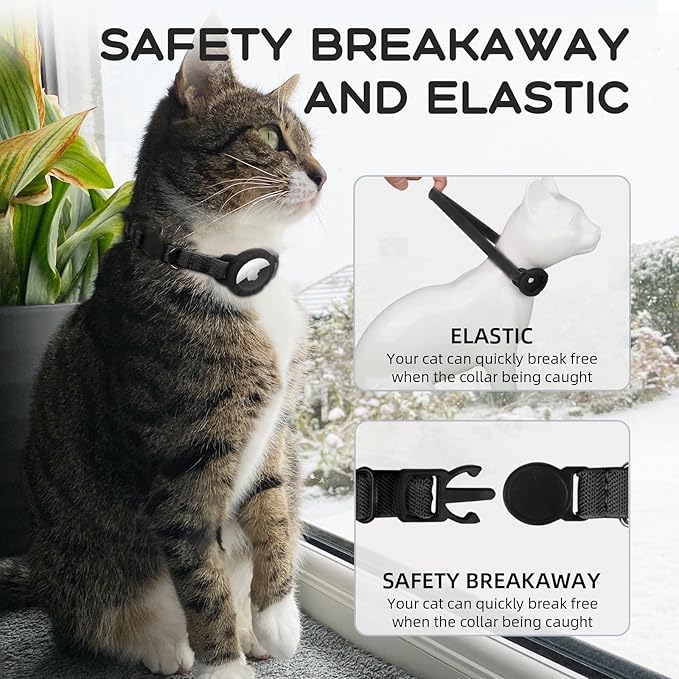 AirTag Cat Collars, Stretchy Collar with Apple AirTag Holder and Bell, Breakaway Ultra Design Elastic GPS Tracking Collars for Cats and Puppies, (7.5-12.5 Inch), Black