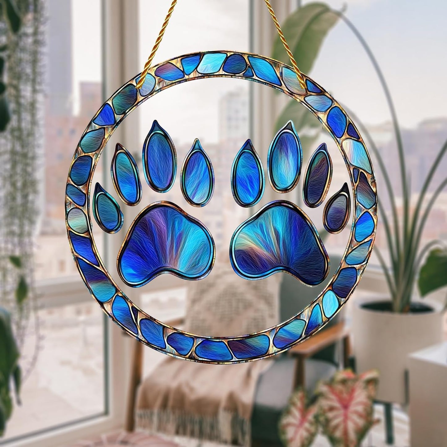 8x8 inch Charming Dog Paw Print Acrylic Stained Glass Window Hanging Sun Catcher Decor Stained Panel Hangings Wall Art Decor, for Friends and Family (Paw Print)