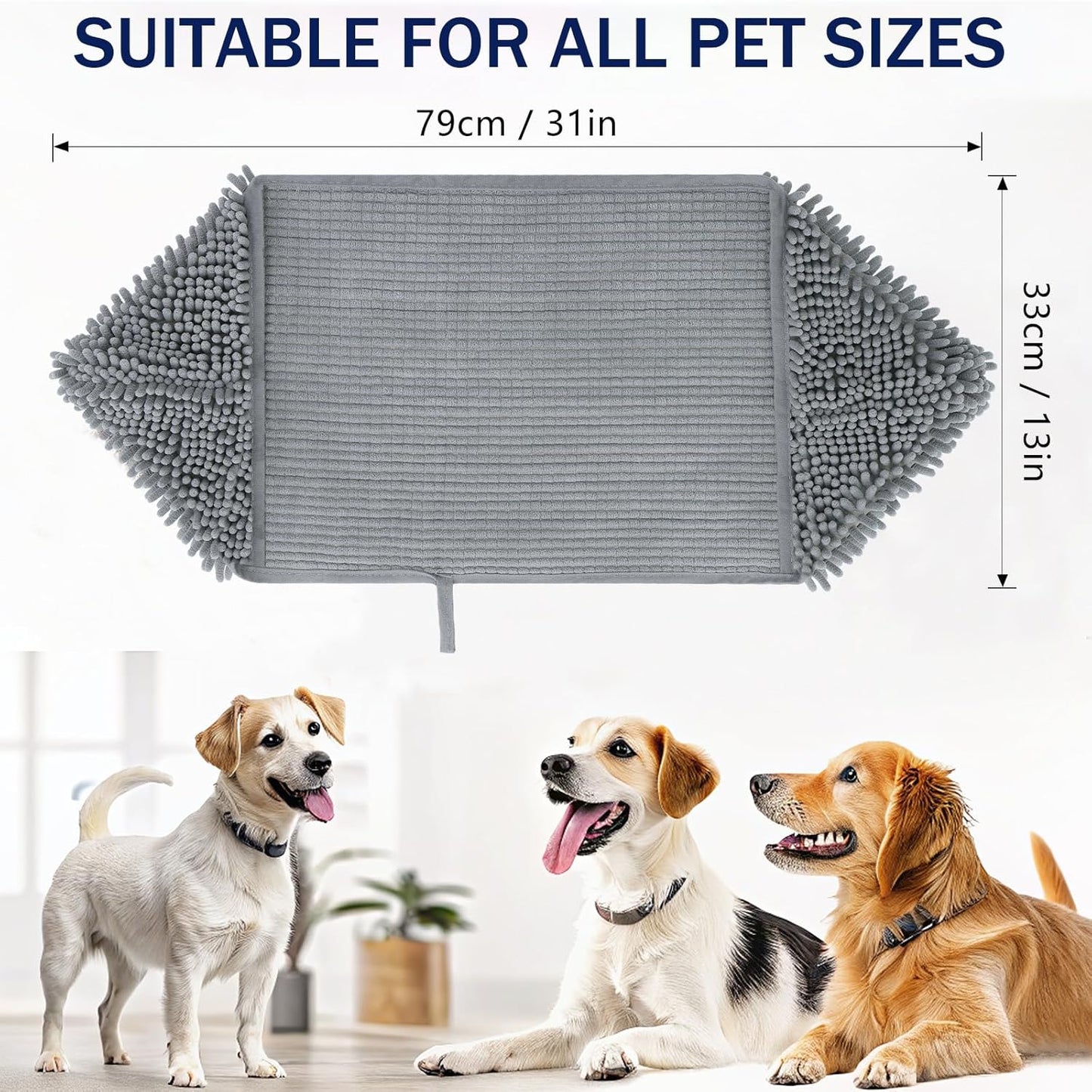 OLANLY Chenille Dog Bath Towel 31x13, Ultra Absorbent Quick Dry Pet Towel, Extra Soft Washable Plush Towel for Large Dogs & Puppies, Indoor Outdoor Use, Grey