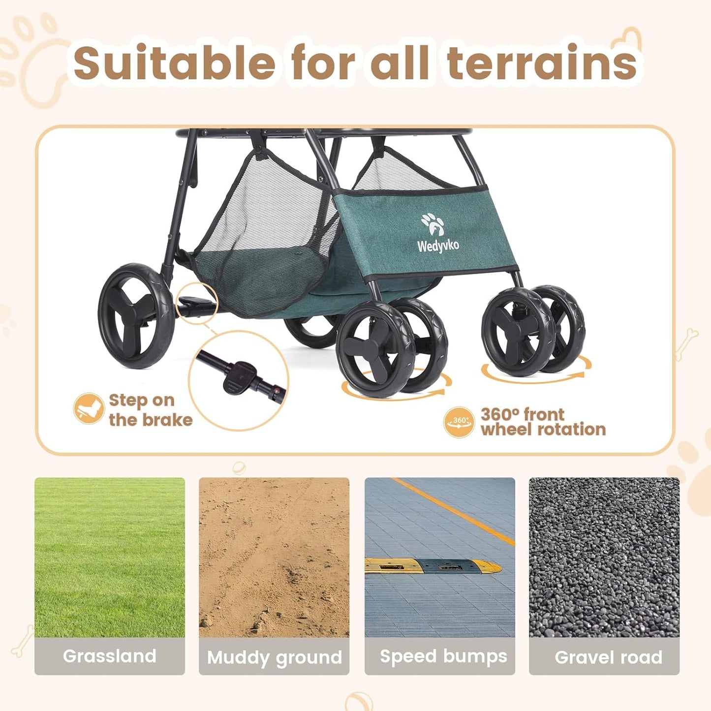 Pet Stroller, 4 Wheels Pet Strolling Cart for Medium/Small Dogs and Cats, Foldable Cat Jogger/Dog Stroller with Cup Holder, Storage Basket, Breathable Mesh, All-Season Pet Carrier (Dark Green)