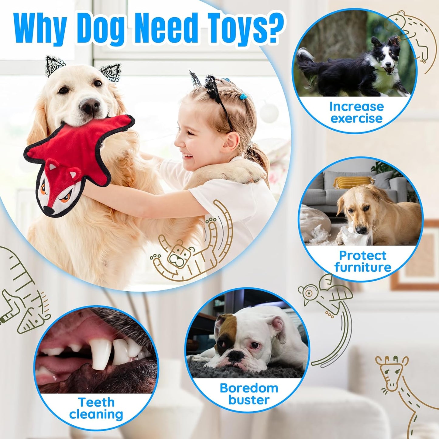 No Stuffing Dog Squeaky Toys, Glowing Eyes Crinkle Plush Puppy Toys for Teething Chewing, 5pcs Flat Tough Dog Toys Set for Large Medium Small Dogs to Keep Them Busy