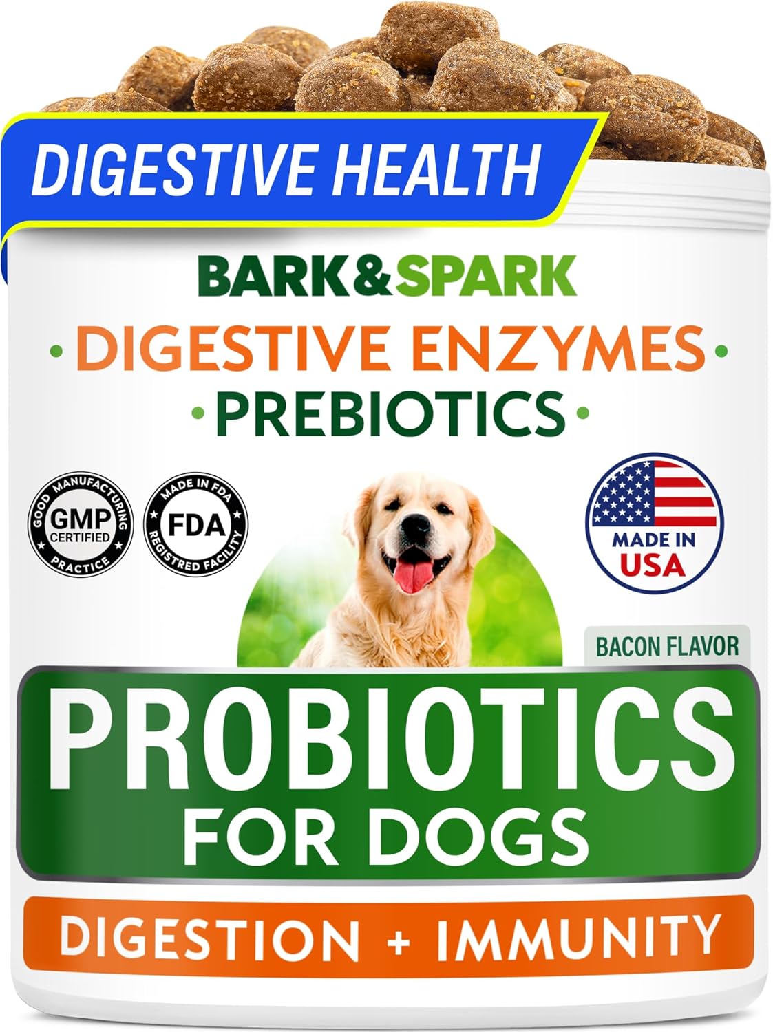 BARK&SPARK Dog Probiotics for Digestive Health w/Enzymes & Fiber - Diarrhea Gas Treatment Upset Stomach Relief - Allergy & Itchy Skin - Pet Probiotics for Dogs - (120Ct, Bacon)