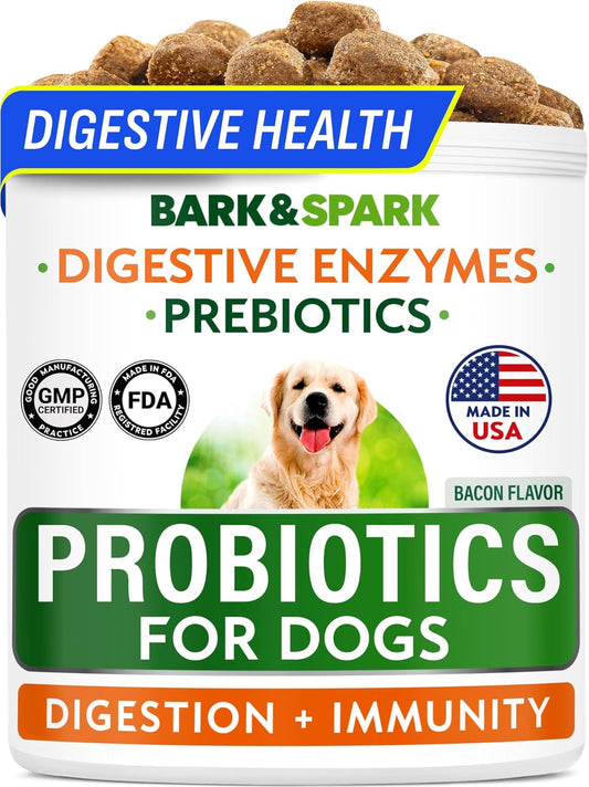 BARK&SPARK Dog Probiotics for Digestive Health w/Enzymes & Fiber - Diarrhea Gas Treatment Upset Stomach Relief - Allergy & Itchy Skin - Pet Probiotics for Dogs - (120Ct, Bacon)
