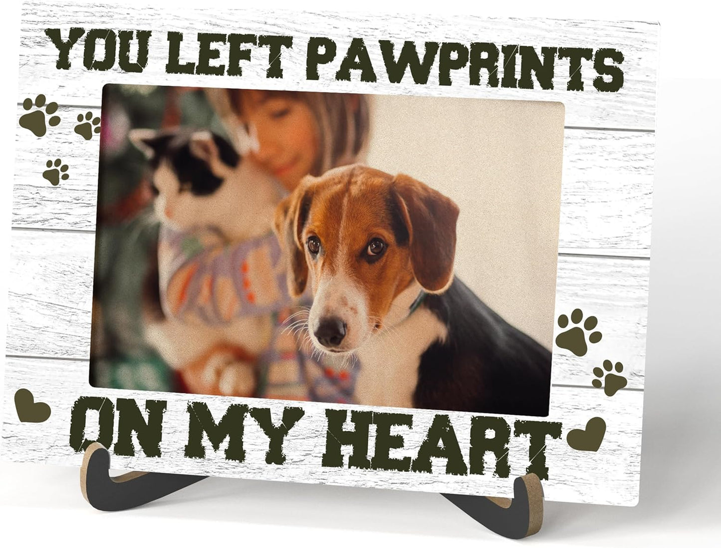 Pet Dog Cat Memorial Photo Frame - You Left Pawprints On My Heart Wooden Tabletop Picture Frame With Stand - Memorial Gifts For Loss Of Dog Cat - Pet Frame Sympathy Gift For Dog Cat Owner -59