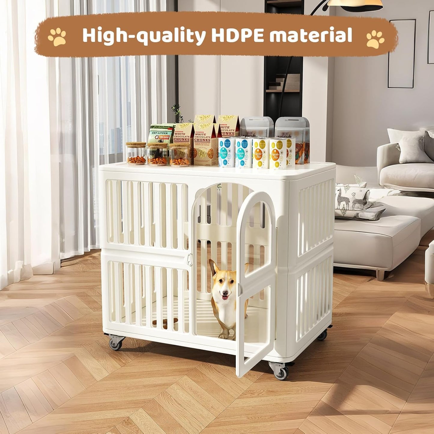 Acrylic Dog Crate Indoor with Wheels 34x 23x 30,Cute Plastic Easy Cleaning Pet Play Pen for Puppy Small Medium Dogs Playpen,White Houses Kennel