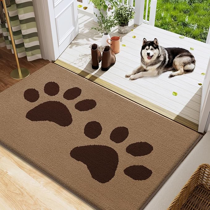 Buganda Dog Door Mat for Muddy Paws, Absorbent Dirt Trapper Washable Indoor Doormats, Non Slip Low-Profile Mud Mat for Dogs, Front Entrance Doormat for Inside Floor (48x30 Inches, Beige)