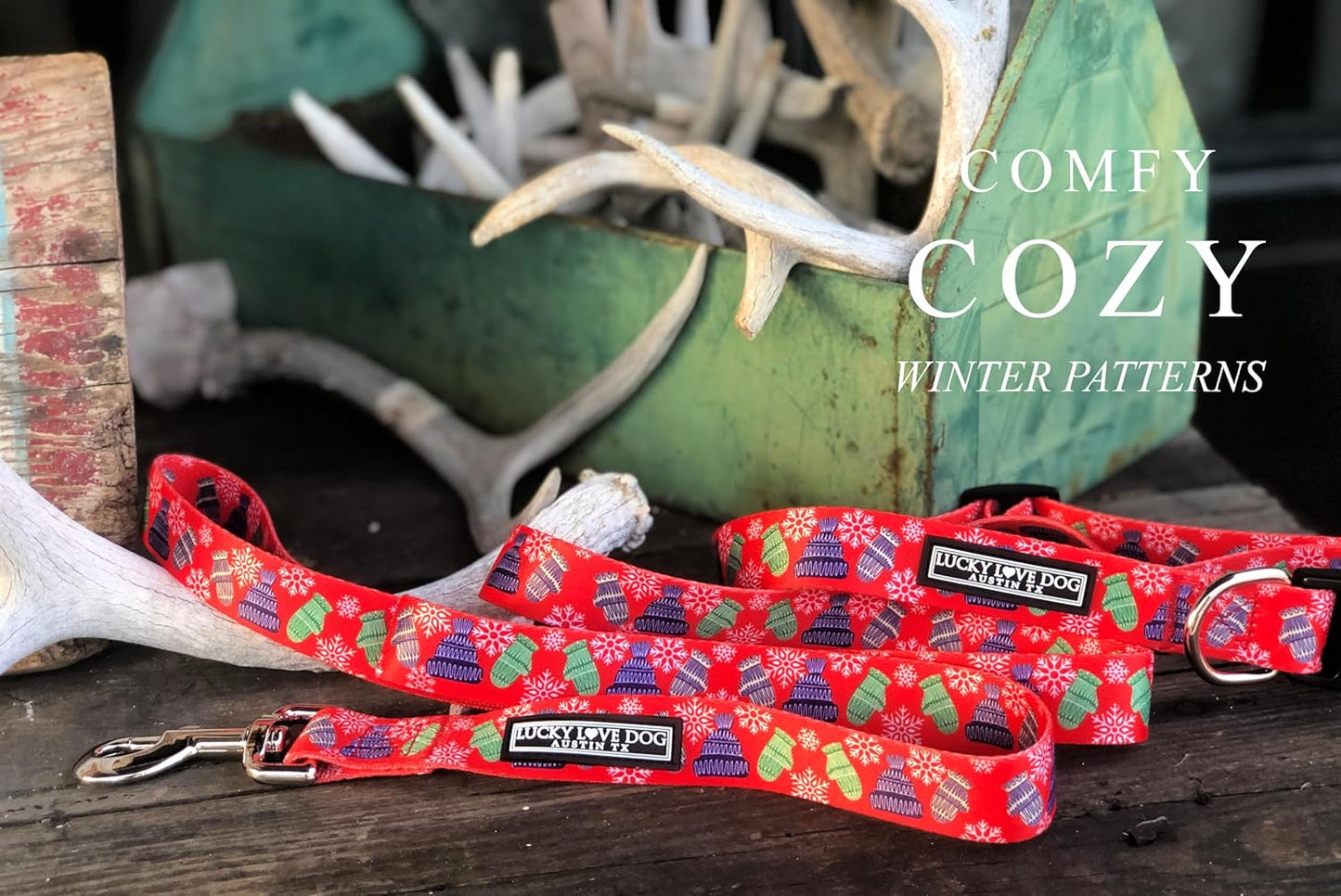 Lucky Love Dog, Winter Stocking Caps and Mittens Dog Collar and Leash Set, Matching Snowflakes Collar and Leash for Male and Female Dogs - (Small, Chilly Combo)