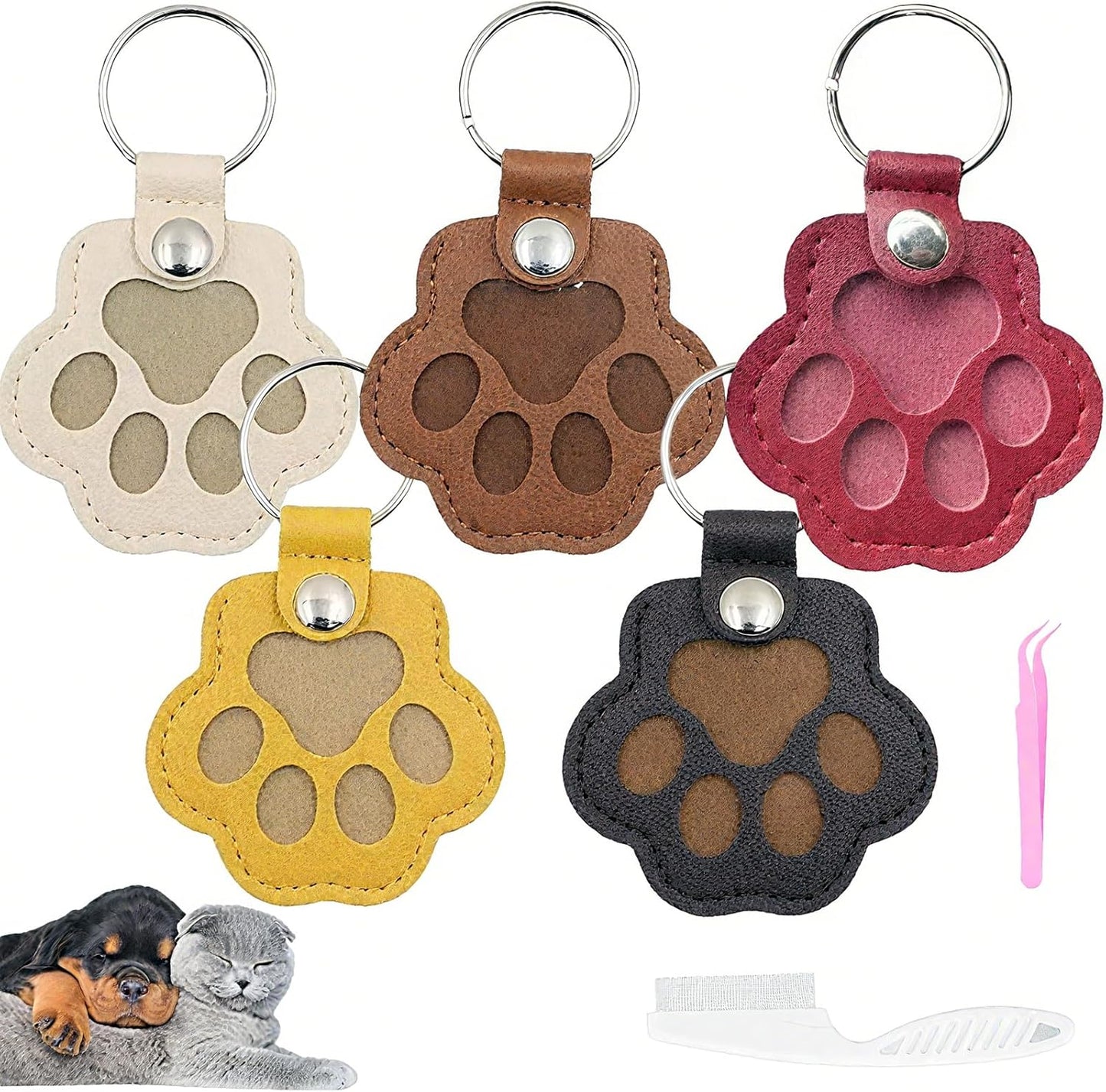 Cat & Dog Hair Keychain - Paw Shaped Leather Memorial Keepsake for Dog Cat Fur Storage, Pet Fur Keepsake Collector with Refillable Capsule (5PCS)