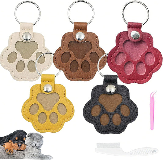 Cat & Dog Hair Keychain - Paw Shaped Leather Memorial Keepsake for Dog Cat Fur Storage, Pet Fur Keepsake Collector with Refillable Capsule (5PCS)