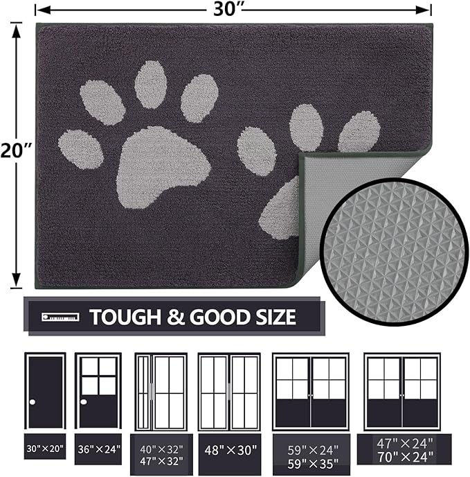 Buganda Dog Door Mat for Muddy Paws, Absorbent Dirt Trapper Washable Indoor Doormats, Non Slip Low-Profile Mud Mat for Dogs, Front Entrance Doormat for Inside Floor (47x32 Inches, Dark Grey)