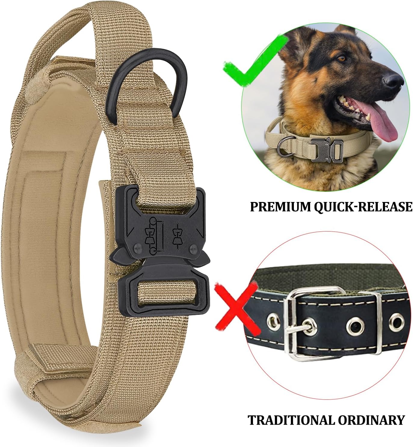 COOYOO Tactical Dog Collar Set, Adjustable Military Nylon Collar with Control Handle and Heavy Metal Buckle for Medium and Large Dogs