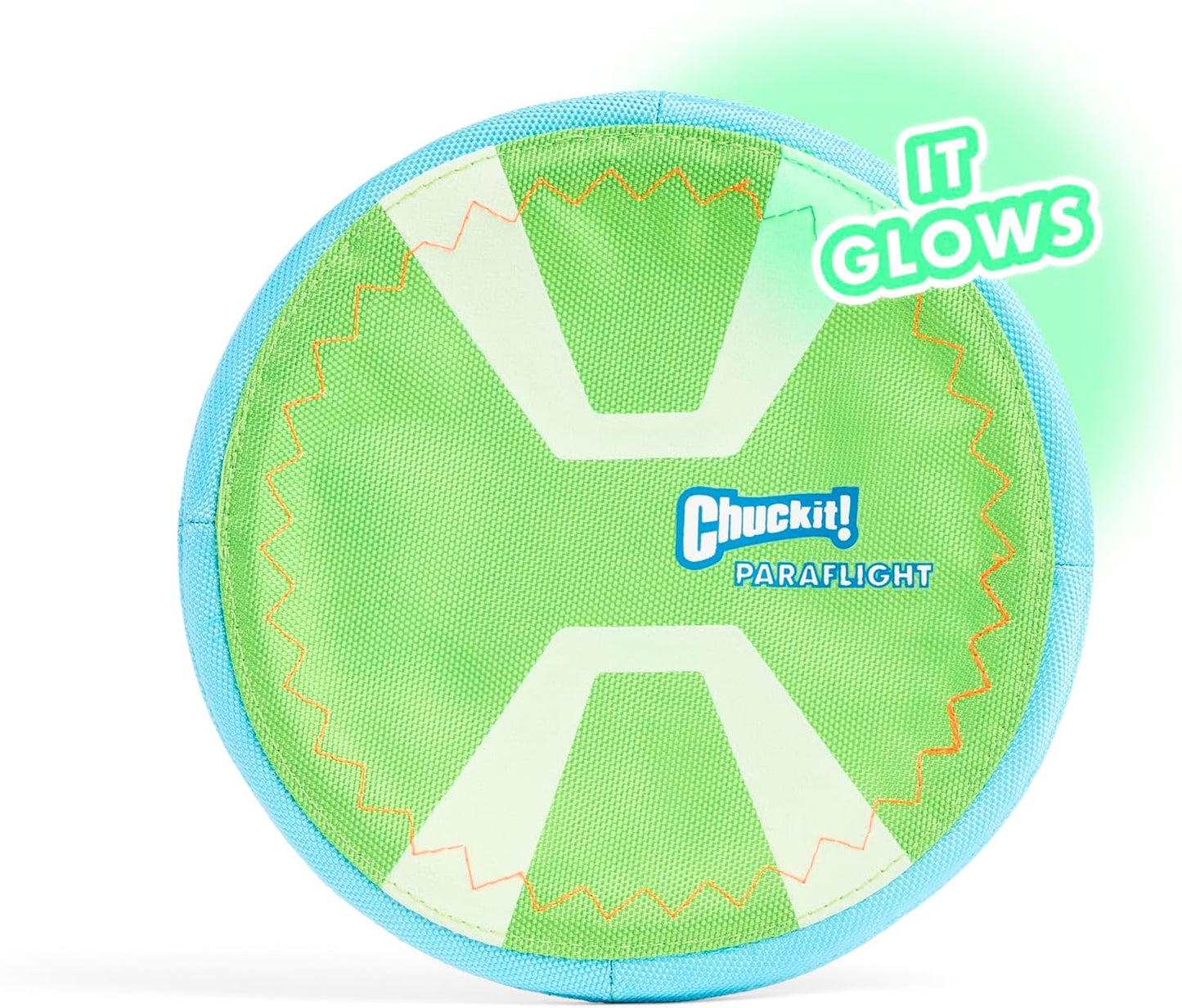Chuckit! Max Glow Paraflight Flying Disc Dog Toy - Water Floating Flyer - Durable Nylon Construction with Soft Rubber Edges - For Medium and Large Dogs - Size Large - 9.75" L x 9.75" W - Pack of 1