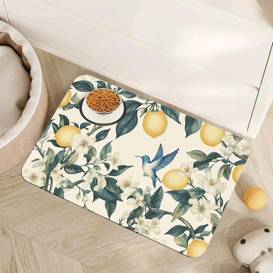 Hummingbird Dog Food Mat for Floors,Vintage Lemon Absorbent Quick-Dry Pet Feeding Mat,Cat Dog Bowl Mats for Food and Water,Non-Slip Pet Accessories Supplies 16"x24"