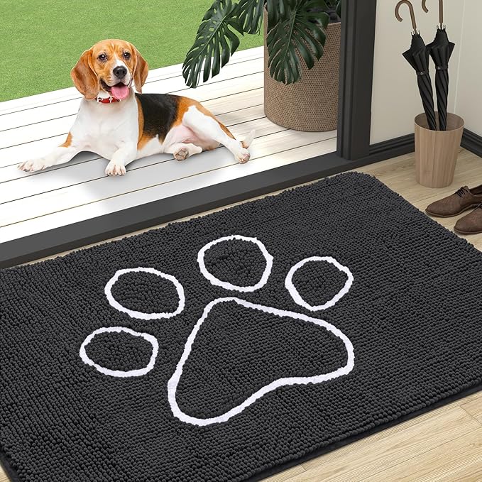 OLANLY Door Mat for Muddy Dog Paws 47x32, Ultra Absorbent Chenille Mud Doormat with Paw Print Design, Non-Slip Washable Doormat for Indoor Entryway, Quick-Dry Pet Bed Mats for Dirty Dogs, Dark Grey