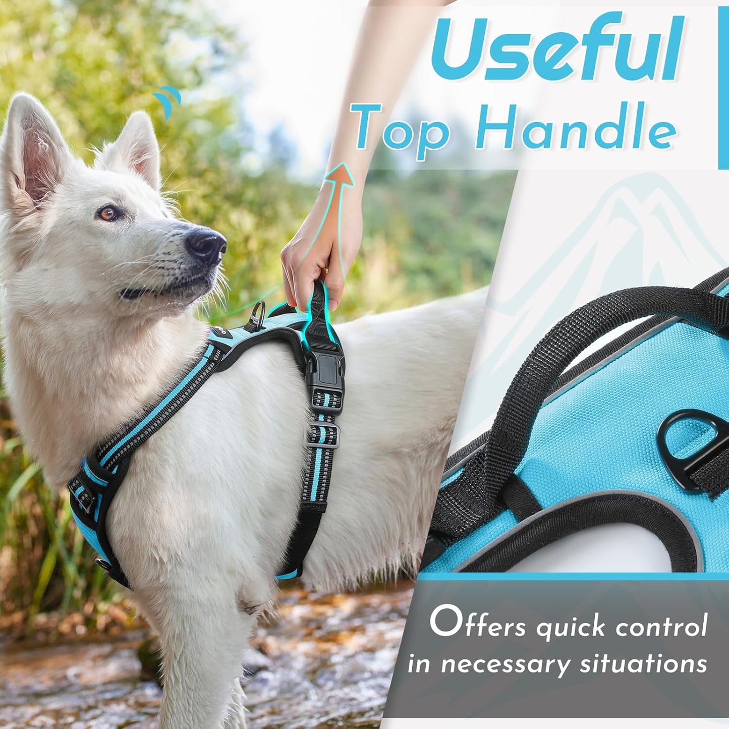 Eagloo Dog Harness Medium Sized Dog, No Pull Service Vest with Reflective Strips and Control Handle, Adjustable and Comfortable for Easy Walking, No Choke Pet Harness with 2 Metal Rings, Sky Blue, M