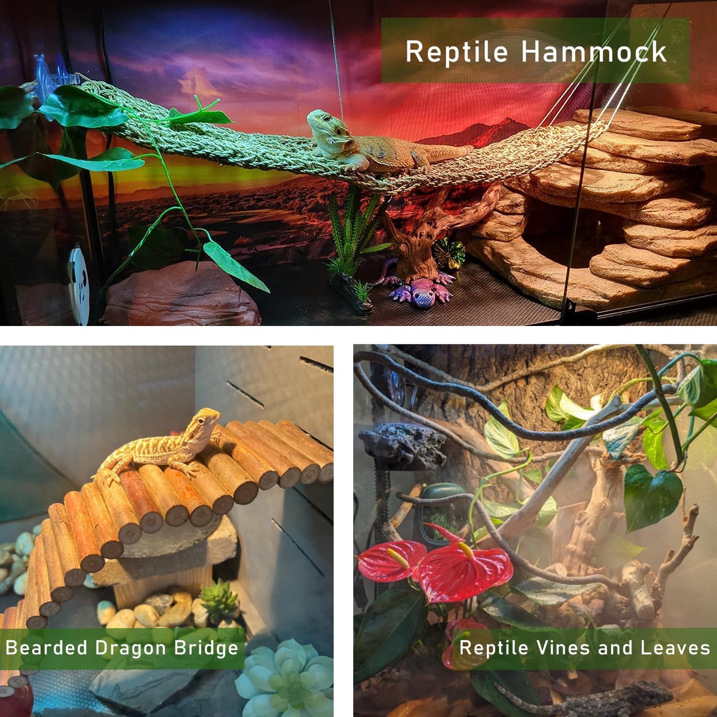 Bearded Dragon Tank Accessories, Reptile Mat Hammock Plants Bridge Jungle Climber Vines Terrarium Decorations for Hermit Crab Lizard Snake (10 PCS with Reptile Mat)