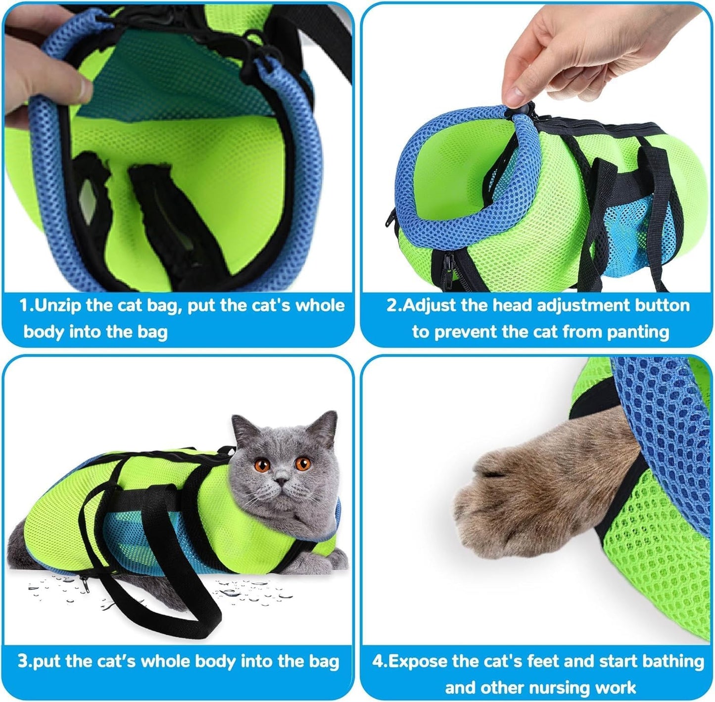 AWOOF Cat Grooming Bag Adjustable Cat Bathing Bag Anti Scratch Bite Polyester Soft Durable Mesh Cat Shower Bag for Small Medium Large Cats