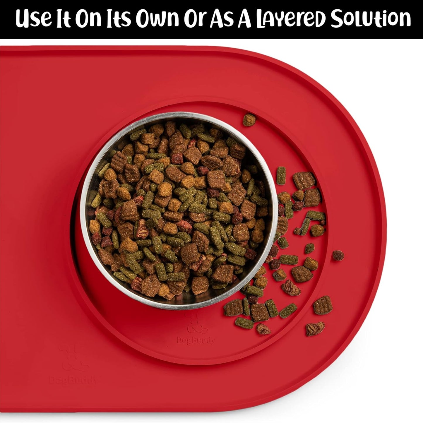 DogBuddy Dog Food Mat - Waterproof Dog Bowl Mat, Silicone Pet Mat for Food and Water Bowls, Nonslip Pet Feeding Mat with Edges, Dogs Food Mats for Floors, Puppy Supplies (XS, Red)