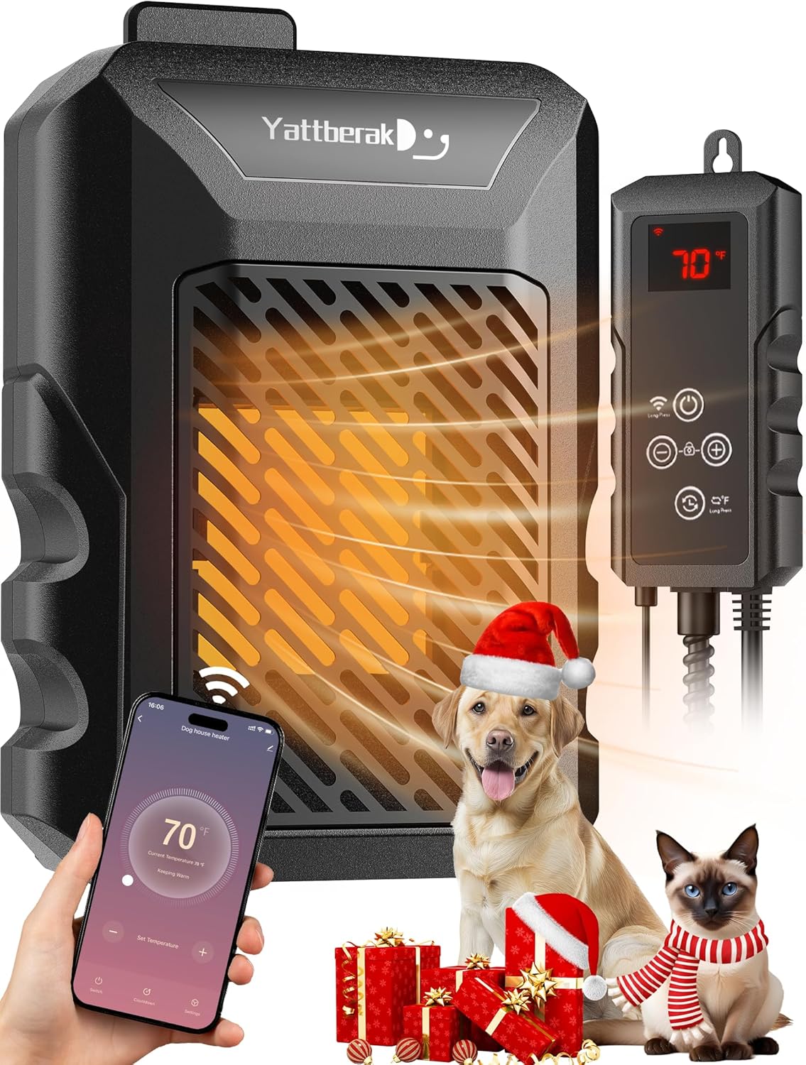 Dog House Heater,Pet House Heater with APP Remote&Thermostat,41°F/113°F Adjustable Temp 24H Timer Outdoor Pet Safe Heaters,500W IPX5 Waterproof Cat Heater Anti Chew Cord with WIFI