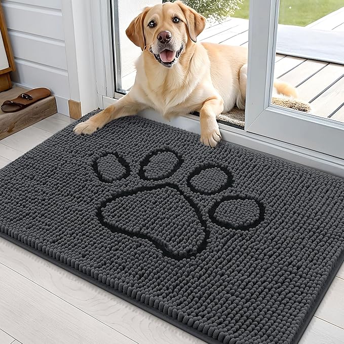 OLANLY Door Mat for Muddy Dog Paws 36x24, Absorbent Chenille Doormat with Paw Print Design, Non-Slip Washable Doormat for Indoor Entryway, Quick-Dry Pet Bed Mats for Dirty Dogs, Dark Grey and Black
