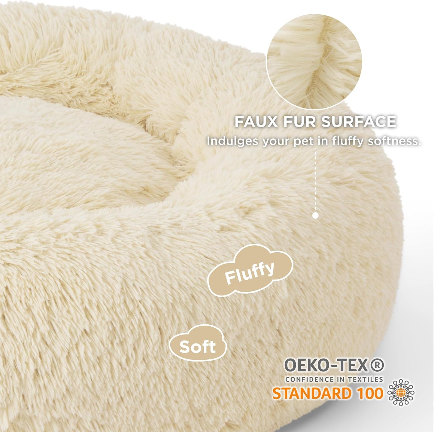 Bedsure Calming Dog Bed for Large Dogs - Donut Washable Large Pet Bed, Anti-Slip Round Fluffy Plush Faux Fur Dog Bed, Fits up to 80 lbs Pets, Ivory Beige, 36 inches