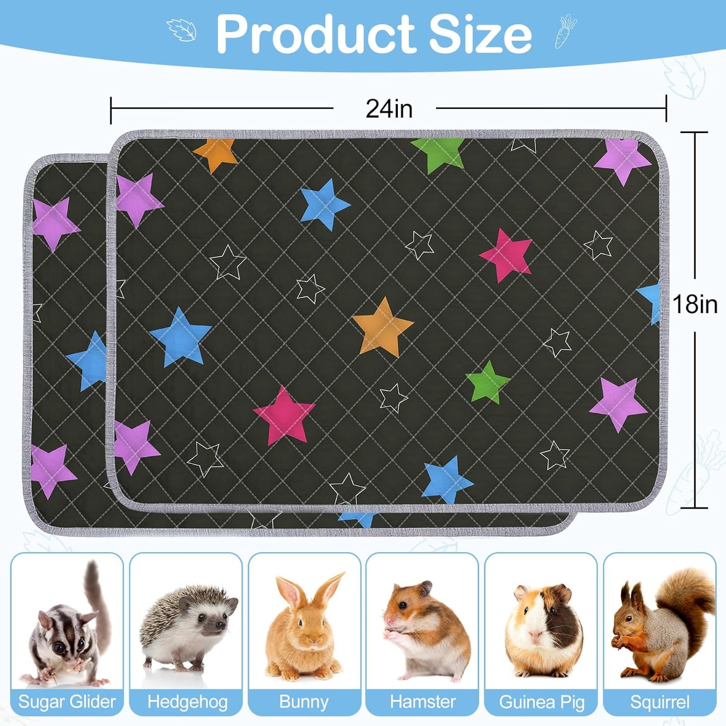 Bienbee Guinea Pig Bedding, 2 Pack 24" x 18" Reusable Guinea Pig Cage Liner Waterproof and Absorbent Small Animal Bedding Washable Guinea Pig Pee Pads for Small Pet Hamster Rabbit Squirrel, Black