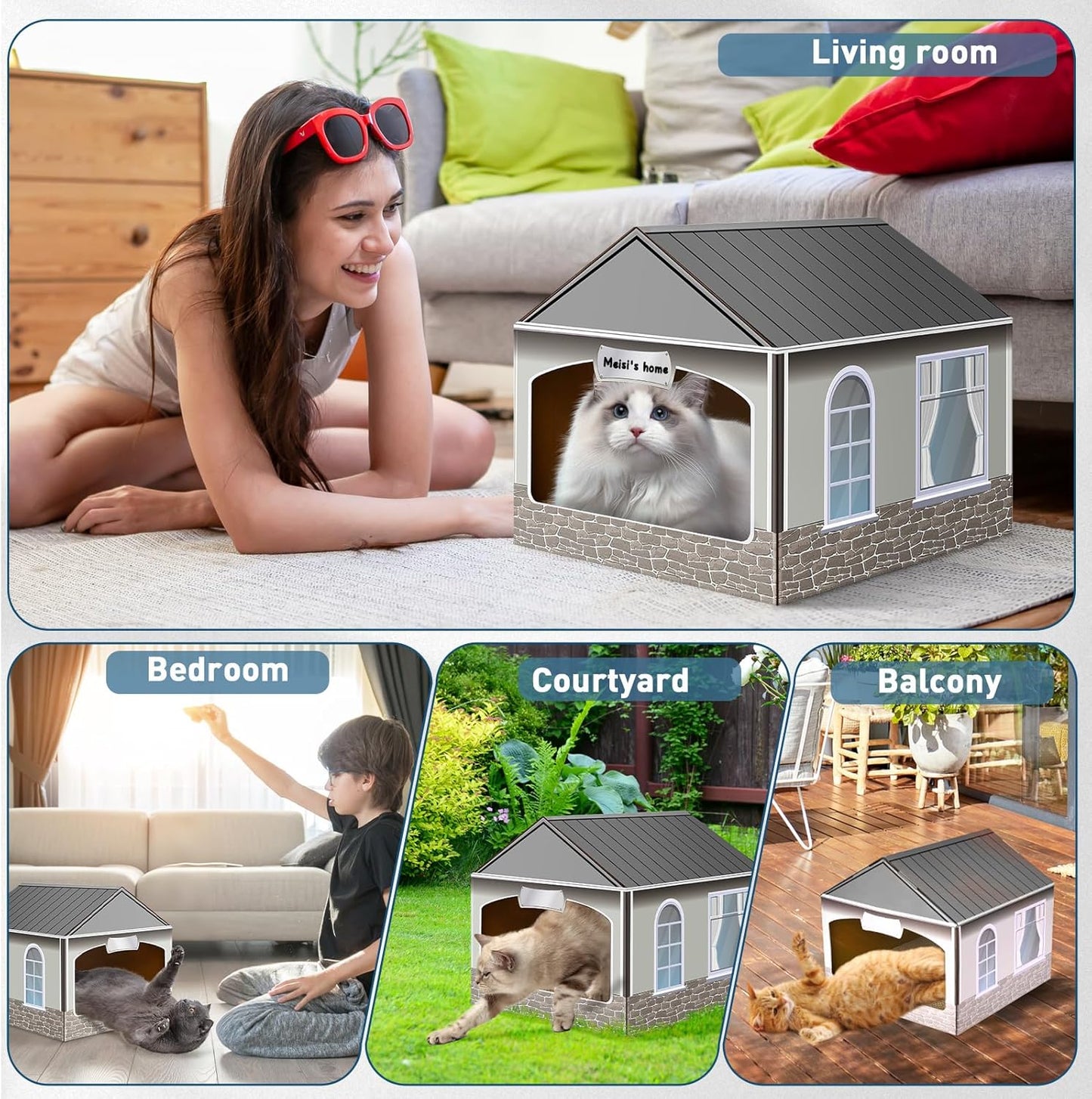 Cardboard Cat House & Scratcher with Catnip - Easy No-Tool Assembly Kitten Playhouse, 13.5x14.5x13 Inch Fun Indoor Cat Scratcher House for Small Cats