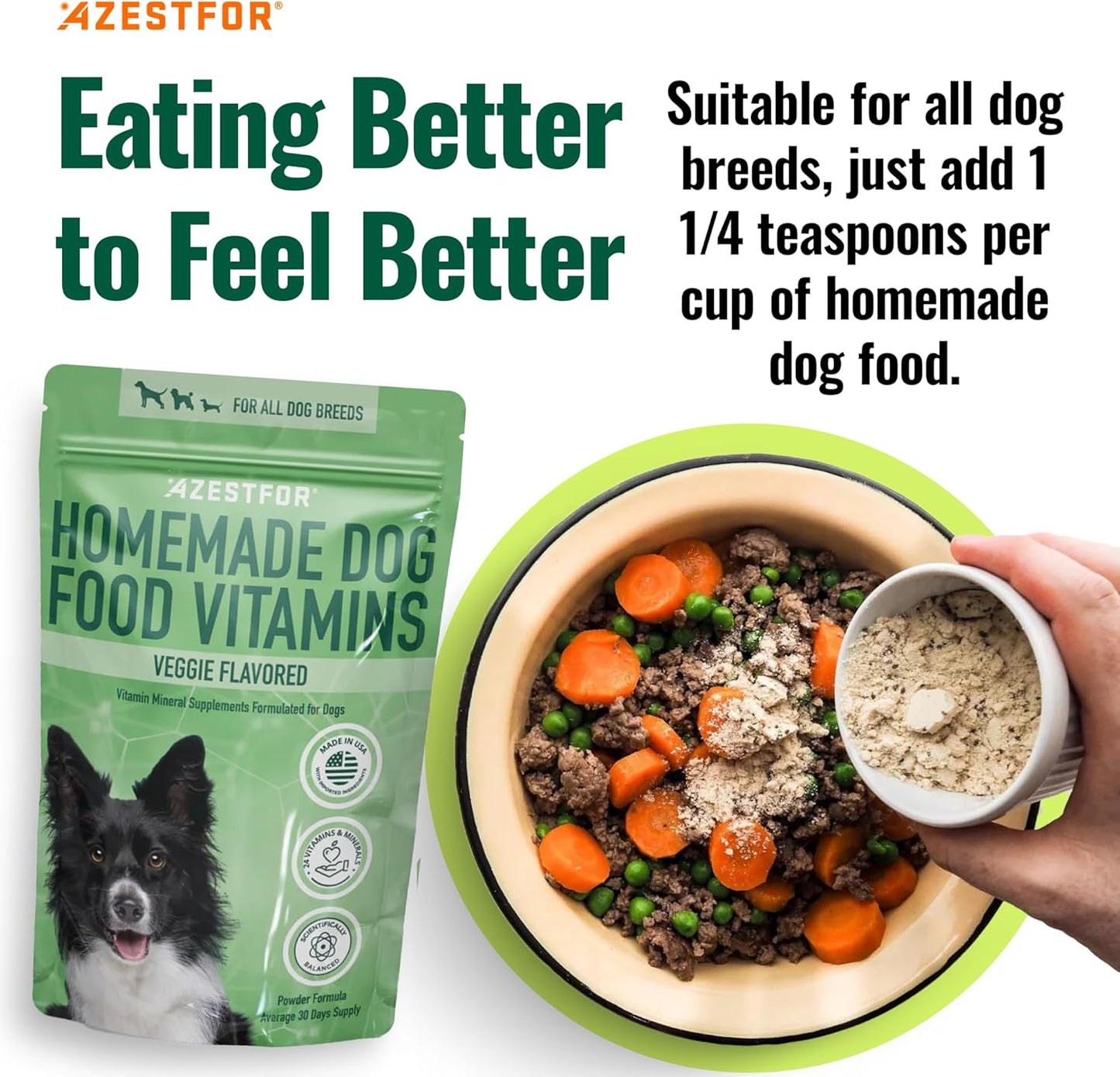 Azestfor Homemade Dog Food Vitamins Pre-Mix Powder – 24 Essential Nutrients – Supplement for Raw, Barf & Grain Free – for All Breeds & Ages – 16oz Veggie Flavored