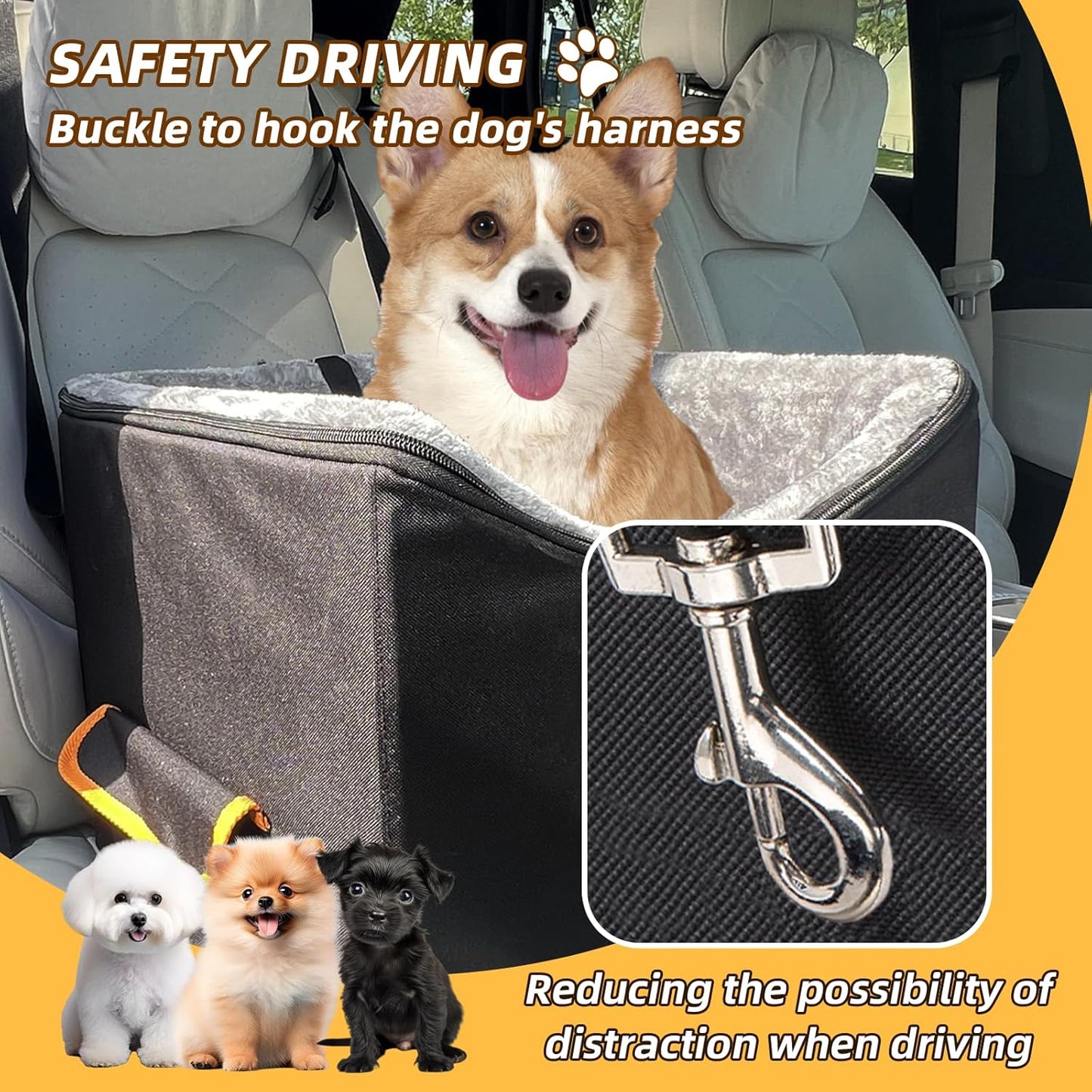 JJRING Dog Car Seat for Small Dogs, Pet Booster Seat, Elevated Dog Car Seat, Washable and Detachable Puppy Car Seat, Black