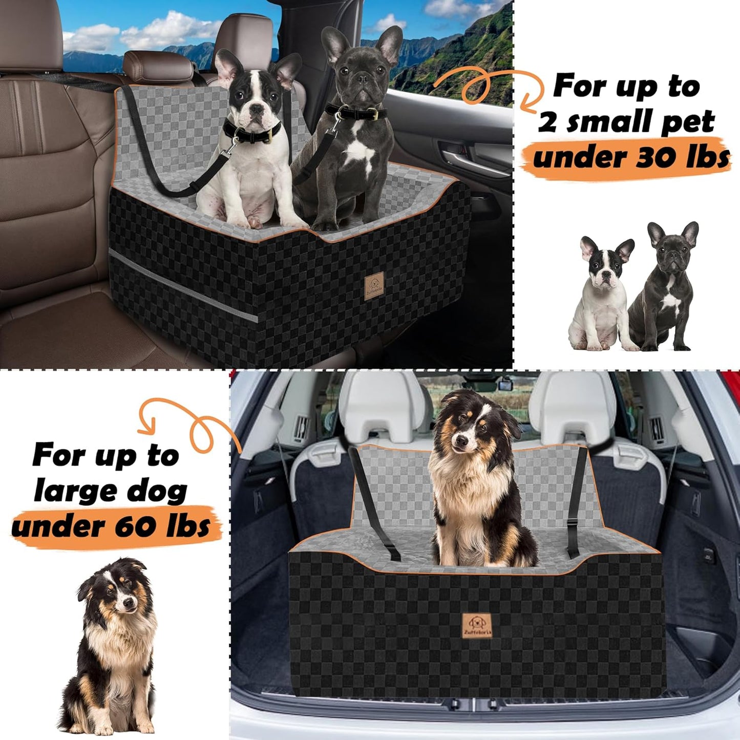 Large Dog Car Seat for Back Seat – Removable Dog Booster Seat & Washable Pet Car Seat for Medium & 2 Small Dogs up to 60lbs – Safety Straps & Storage Pocket – Travel & Home Use (Gray/Black)