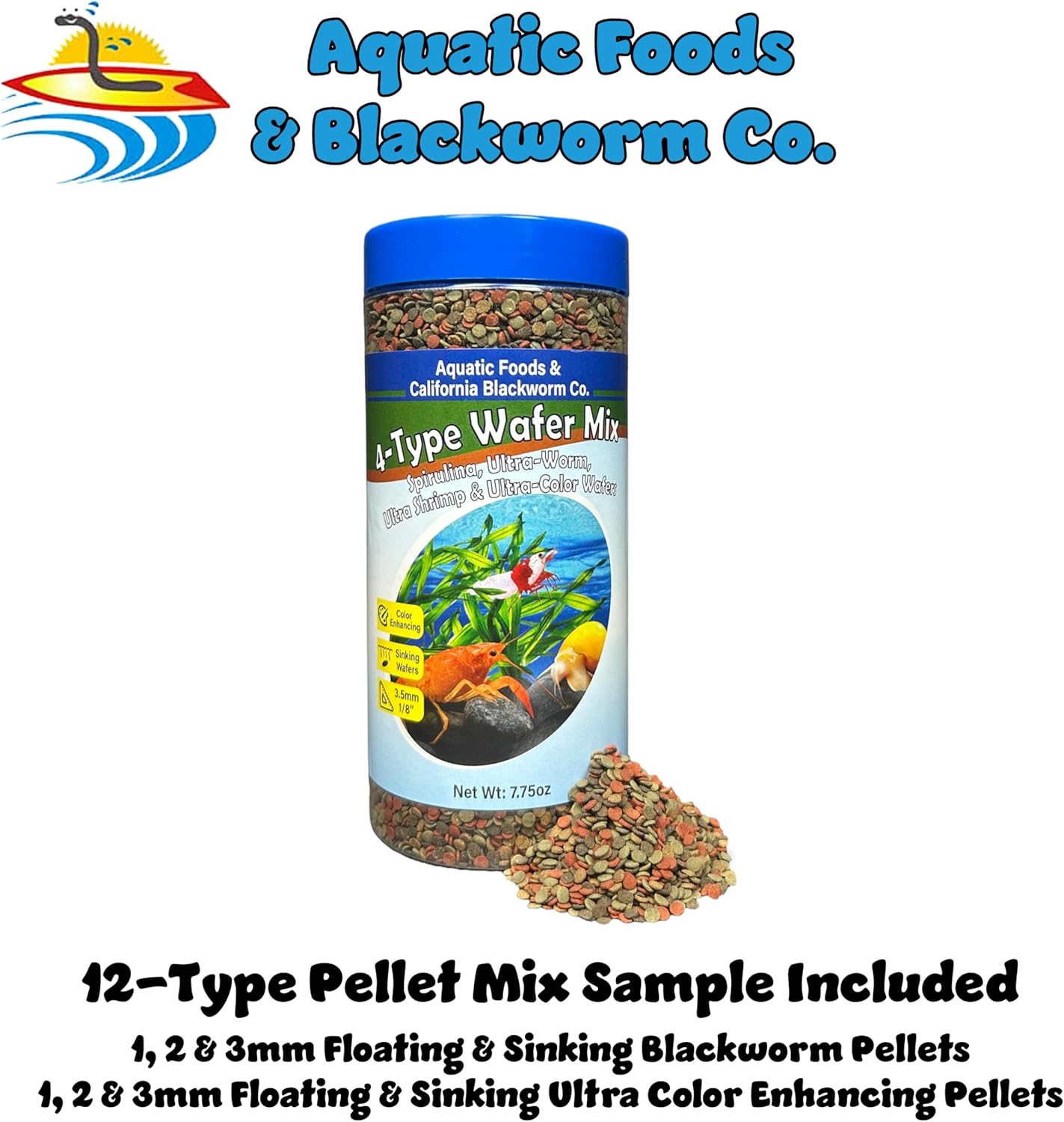 Aquatic Foods Inc. 4-Type 3.5mm - 1/8" Sinking Wafer Mix of Spirulina-Algae, Ultra-Worm, Ultra-Shrimp, Color Enhancing Wafers for Shrimp, Snails, Crabs, Crayfish, All Tropical Fish, 3.5mm..10oz