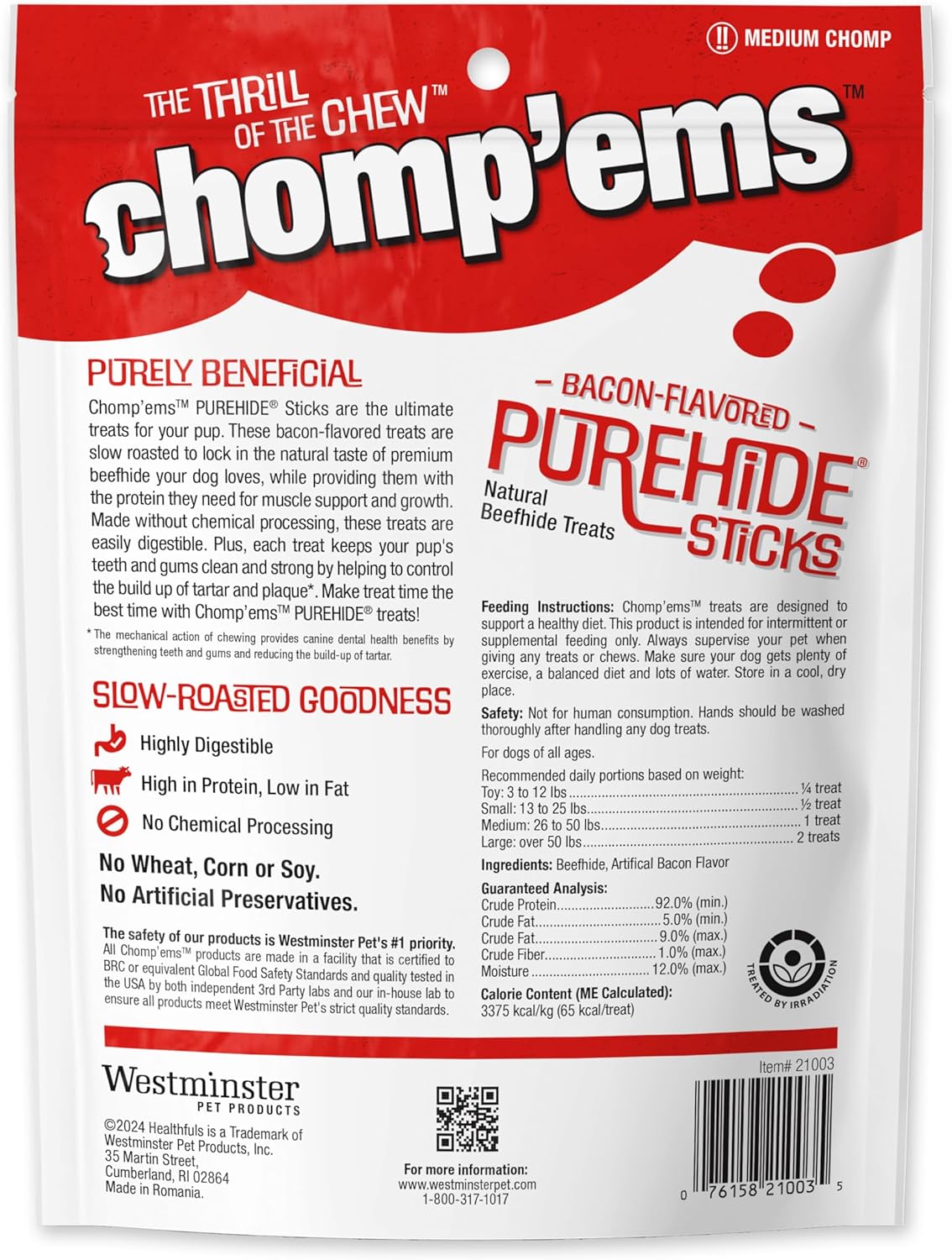 CHOMP 'EMS Purehide Chews - Slow Roasted Naturally Delicious Rawhide Dog Treats - High Protein Beef Hide - Bacon Flavor, Sticks, 8.5 Oz.
