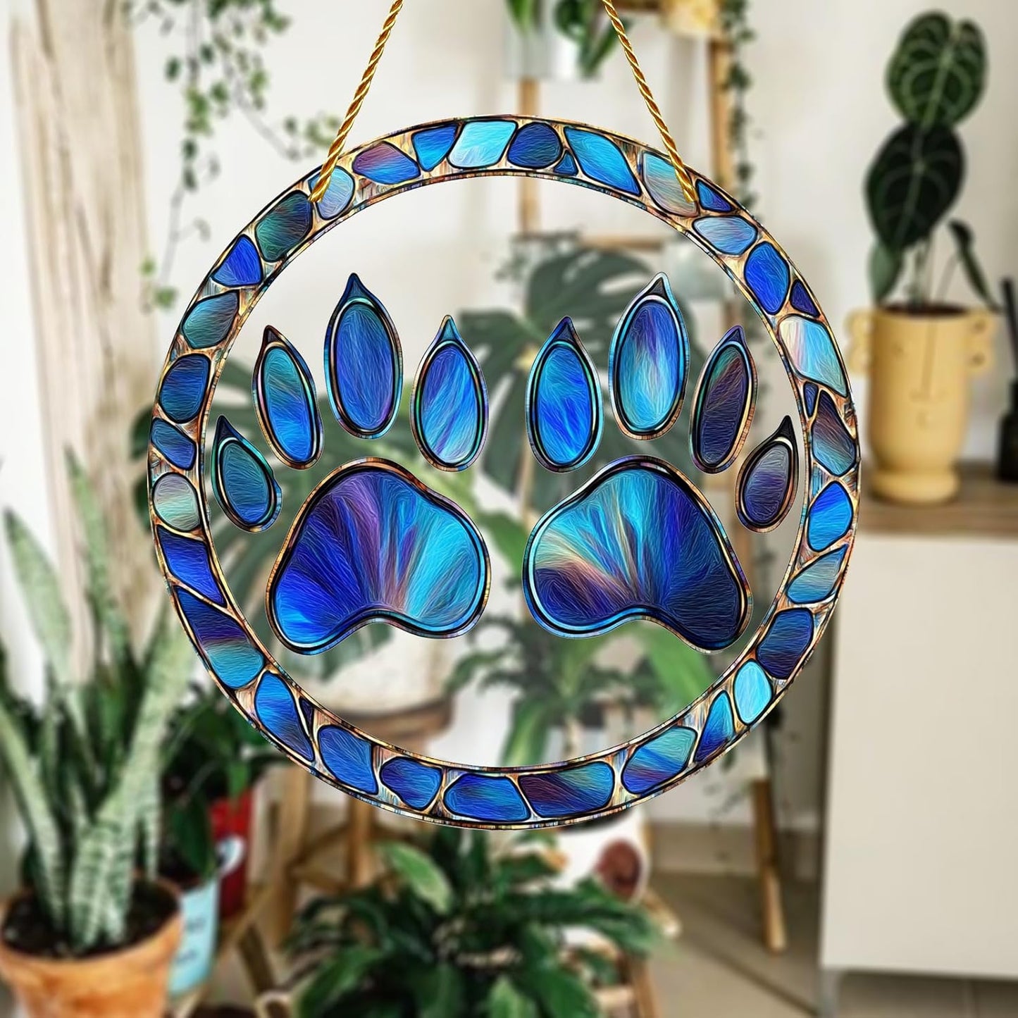 8x8 inch Charming Dog Paw Print Acrylic Stained Glass Window Hanging Sun Catcher Decor Stained Panel Hangings Wall Art Decor, for Friends and Family (Paw Print)