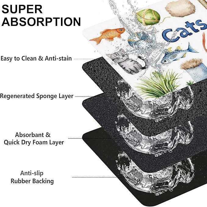 Cat Fun Dog Food Mat-Absorbent Pet Feeding Mat for Food and Water Bowl, Quick Dry Dog Placemat with Rubber Backing-No Stains Pet Supplies for Messy Drinkers 12"x20"