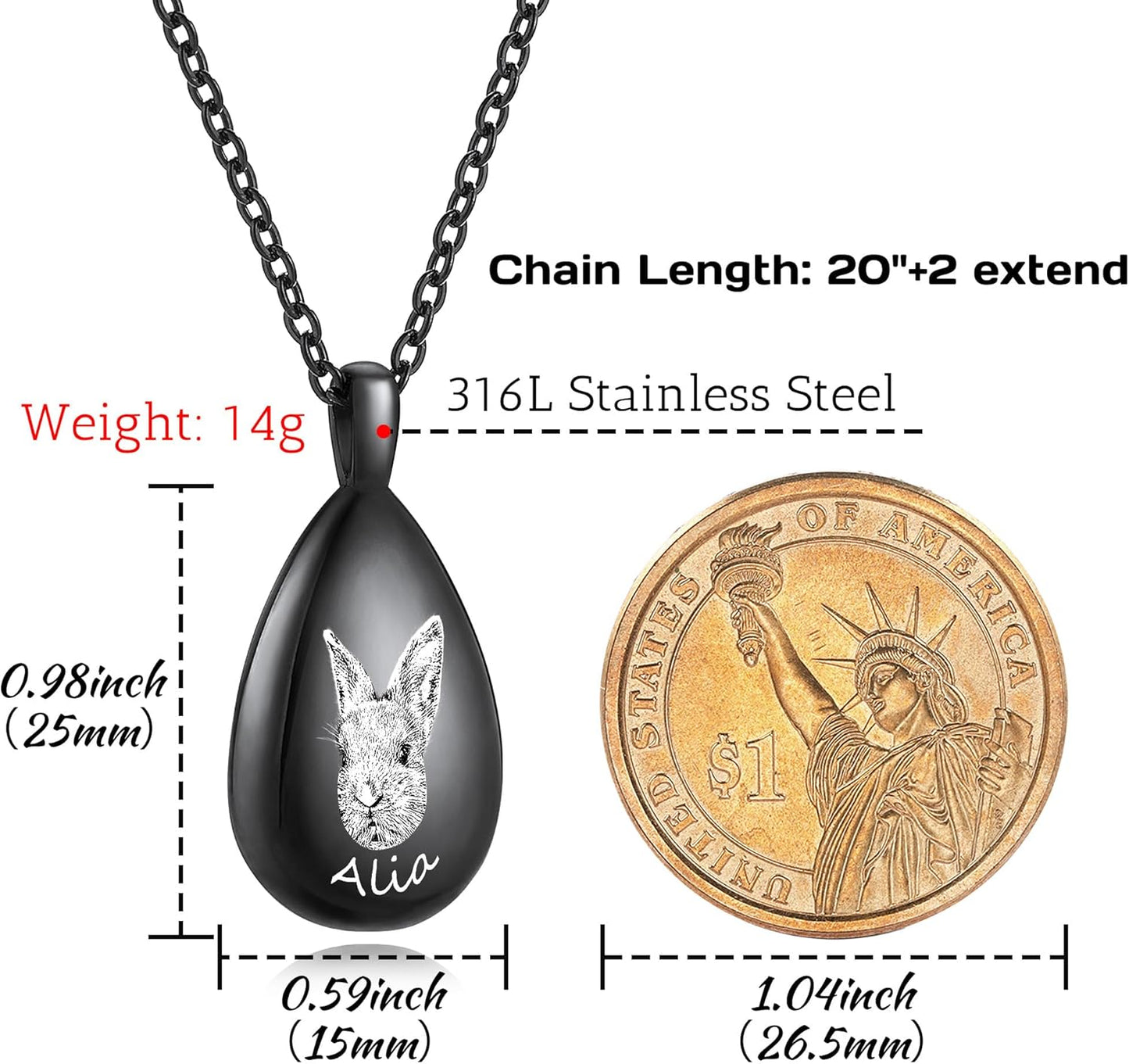 MMXX Personalized Pet Portrait Teardrop Urn Necklace with Name/Photo Stainless Steel Pendant - Cremation Jewelry for Pet Memorial Gifts - Funnel Kit Included