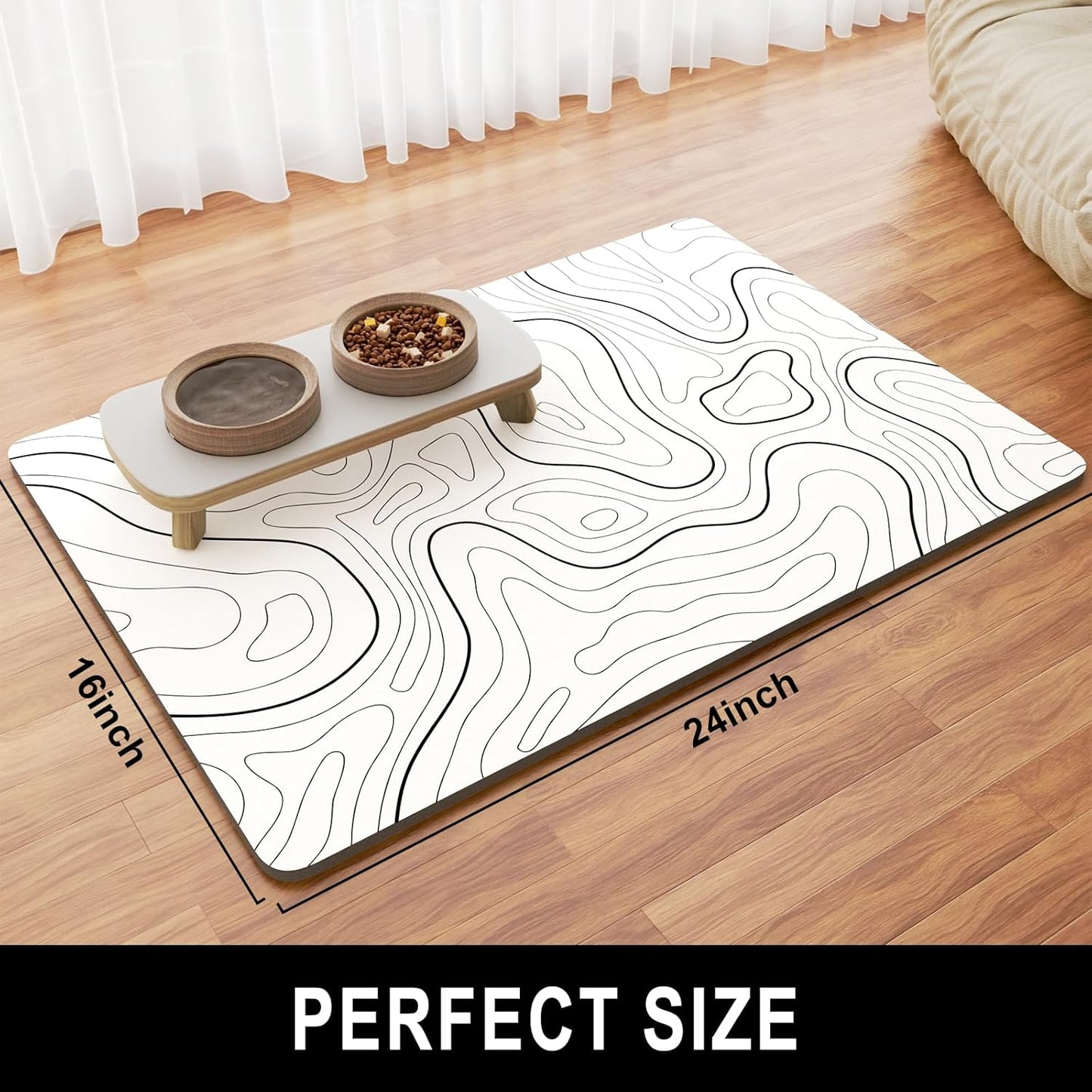 Dog Food Mat, 16" x 24" Absorbent Dog Cat Bowl Mat for Food and Water, Cute Anti-Slip Rubber Pet Feeding Rug Protect Floors, Placemat for Feeding & Watering Supplies, White Line Art