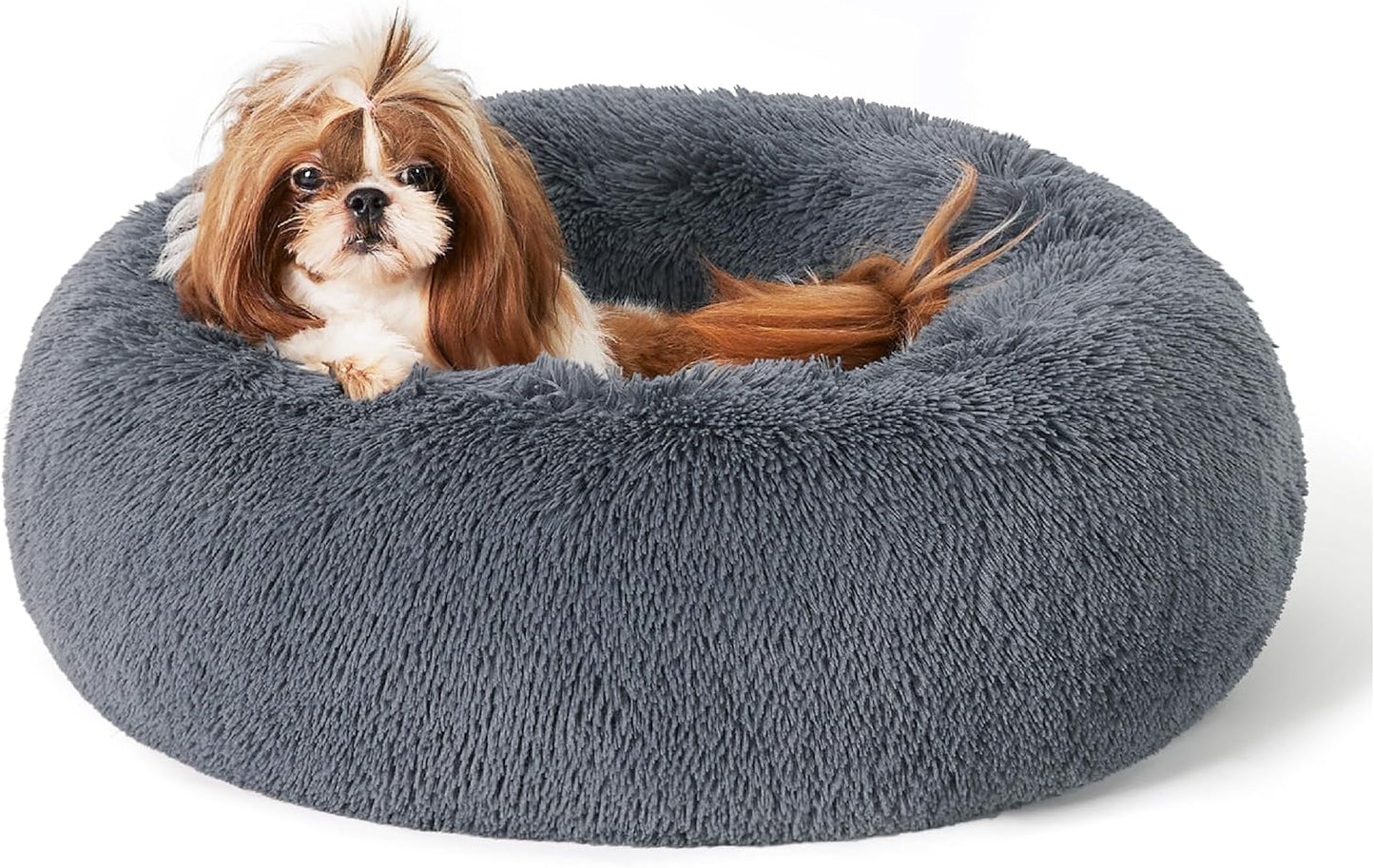 Bedsure Calming Dog Bed for Small Medium Dogs - Donut Washable Medium Pet Bed, 27 inches Anti-Slip Round Fluffy Plush Faux Fur Cat Bed, Dark Grey