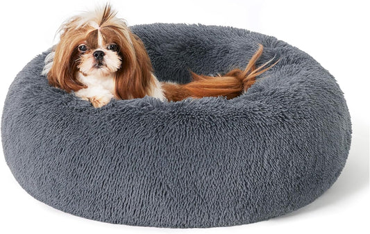 Bedsure Calming Dog Bed for Small Medium Dogs - Donut Washable Medium Pet Bed, 27 inches Anti-Slip Round Fluffy Plush Faux Fur Cat Bed, Dark Grey