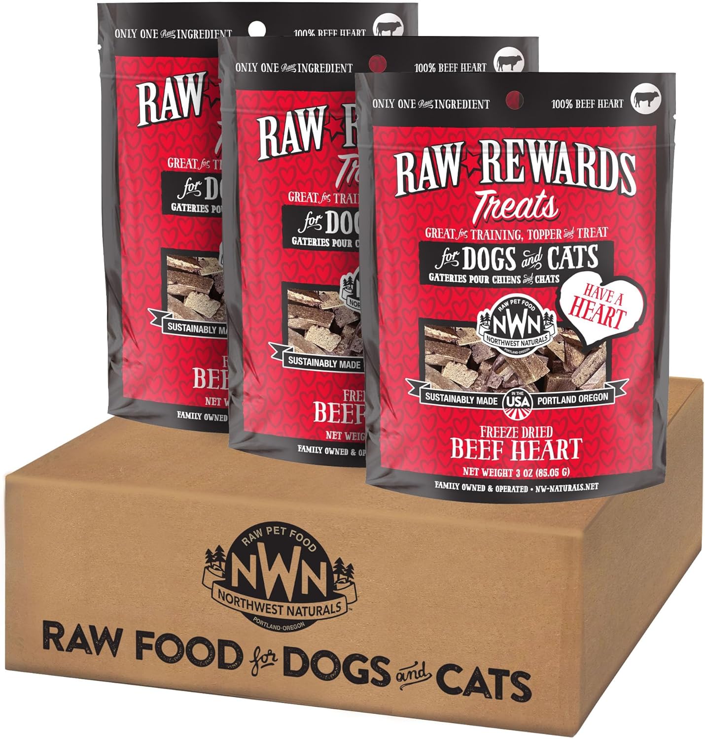 Northwest Naturals Raw Rewards Freeze-Dried Beef Heart Treats for Dogs and Cats - Bite-Sized Pieces - Healthy, 1 Ingredient, Human Grade Ingredients, All Natural, Proudly Made in USA, 3 Oz (Pack of 3)