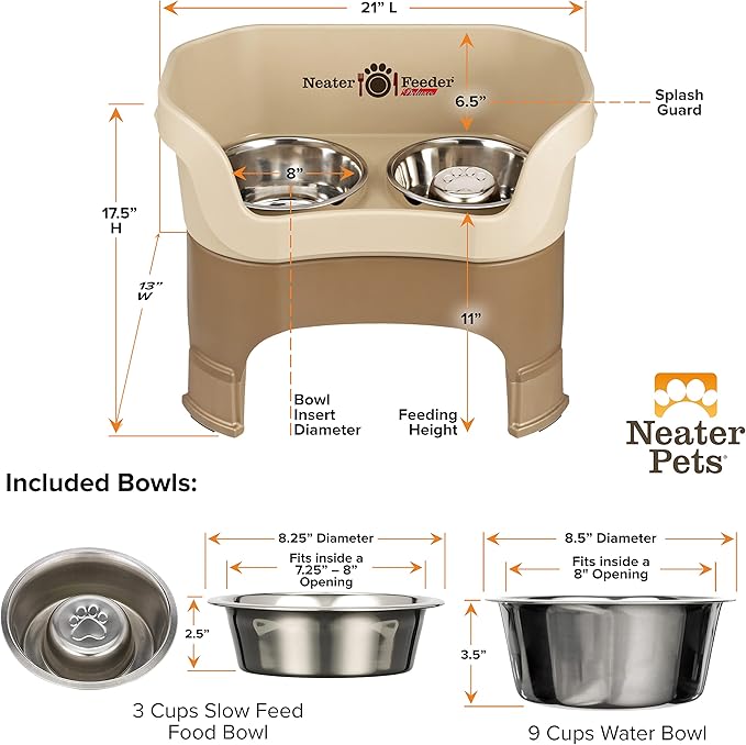 Neater Feeder Deluxe Mess Proof Dog Bowls Elevated for Large Breeds – Made in USA – No Spill Raised Slow Feeder Elevated Dog Bowl Stand w/Leg Extensions, Food and Water Bowl Set, Cappuccino