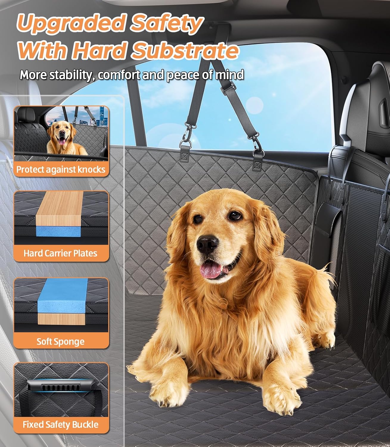 Dog Car Seat Cover for Back Seat, Waterproof Hard Bottom Back Seat Extender for Dogs, Dog Hammock for Car with Support Bar Holds 420 lbs, 2025 Upgraded Material, Anti Scratch, Easy to Use and Clean