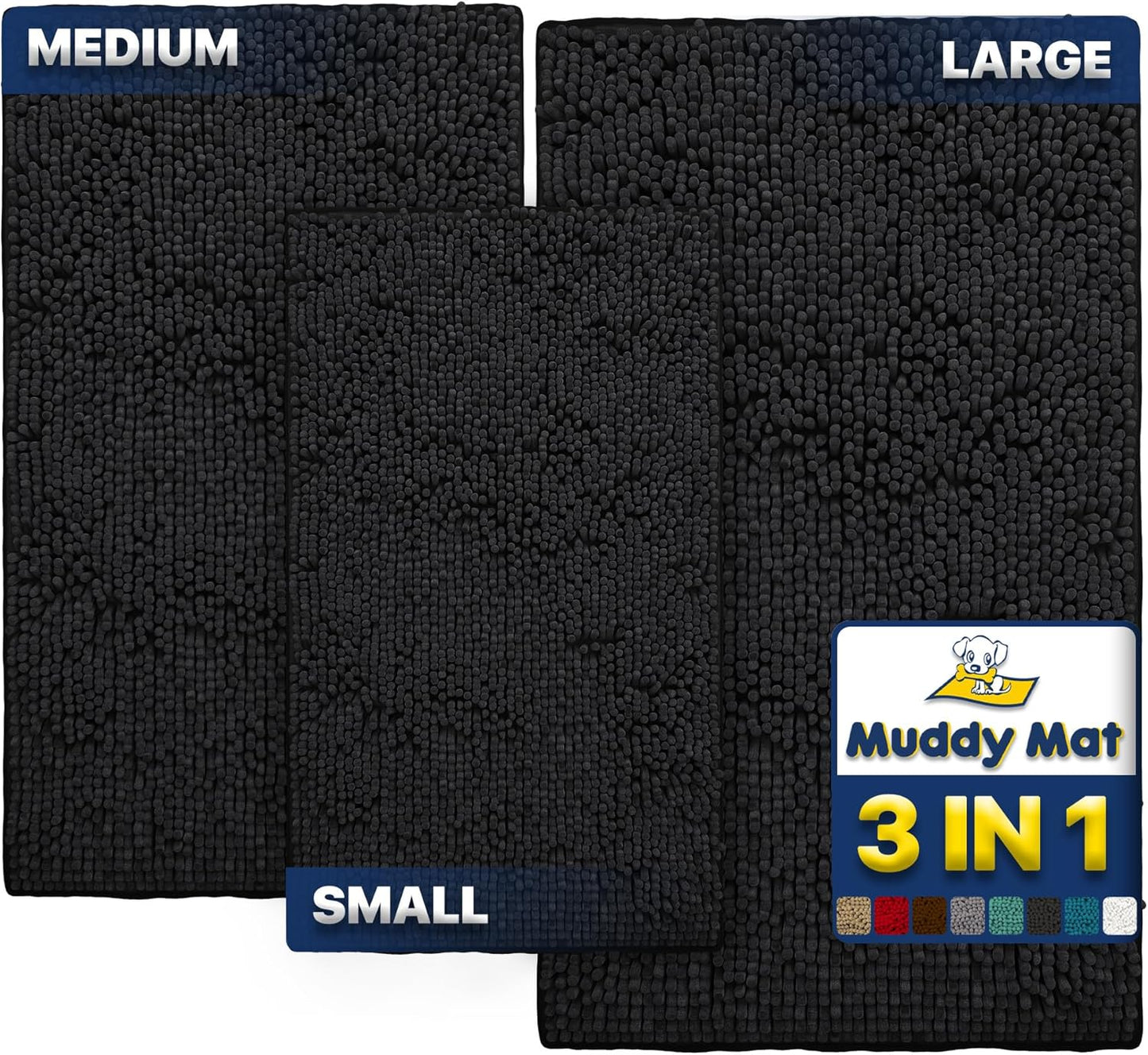 Muddy Mat® Pack of 3 Highly Absorbent Microfiber Dog Door Mat and Pet Rug, Non Slip Thick Washable Area Mat Soft Chenille for Kitchen Bathroom Bedroom and Outdoor - Black Small, Medium & Large